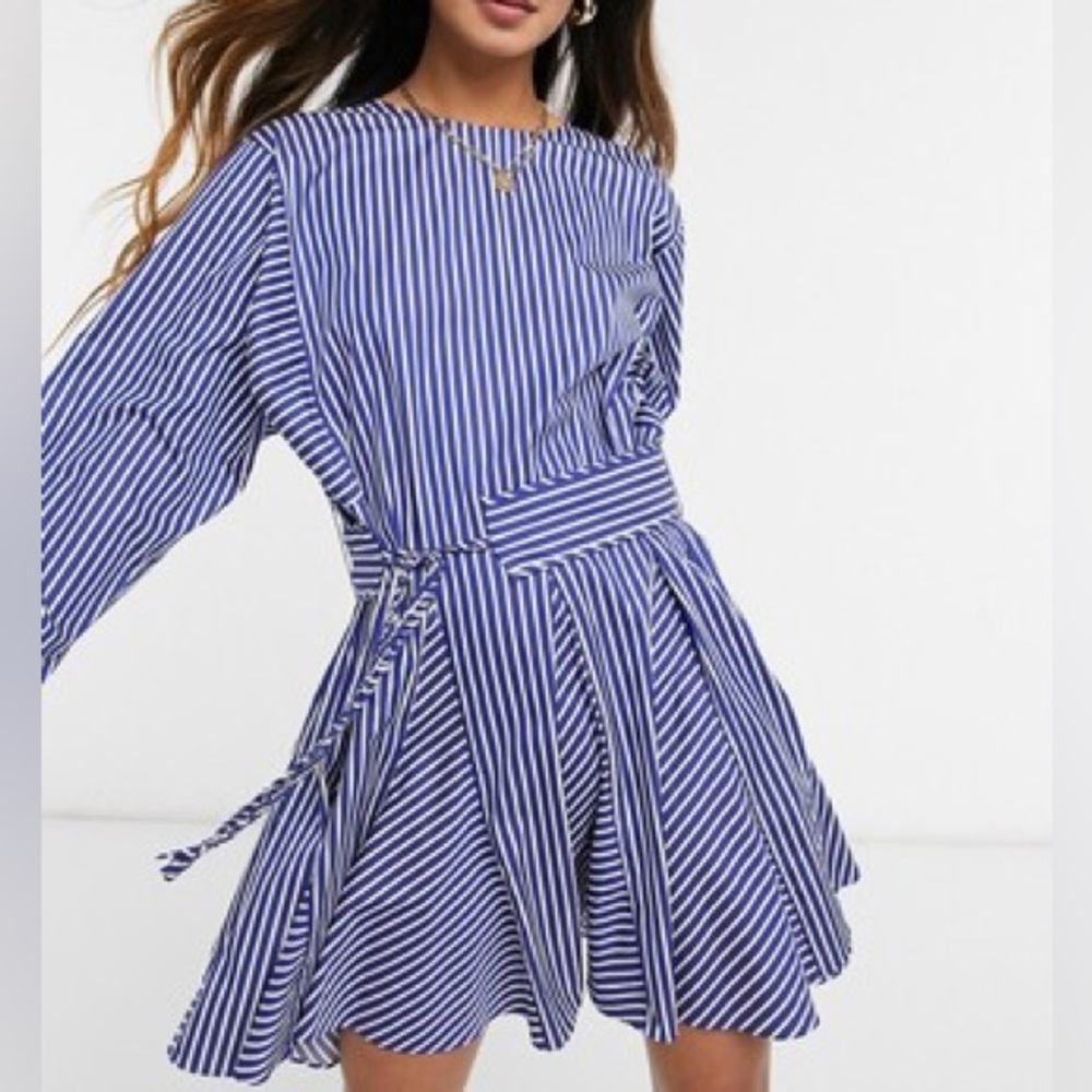 10 Crosby Derek Lam Blue‎ and White Long Sleeve striped pleated tunic Dress